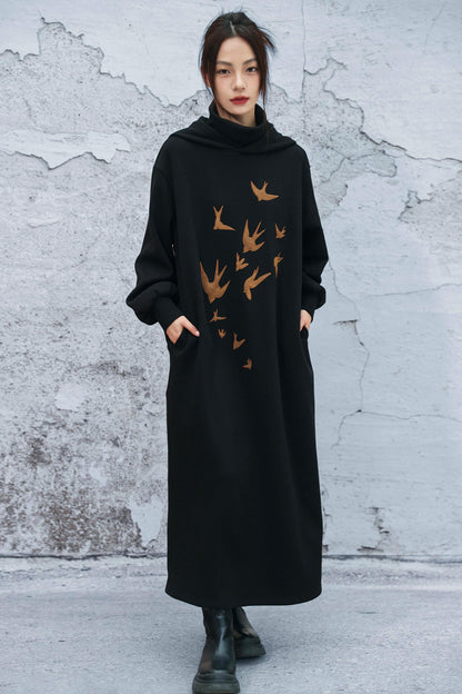 Chinese-style Fleece Lined Hooded Dress