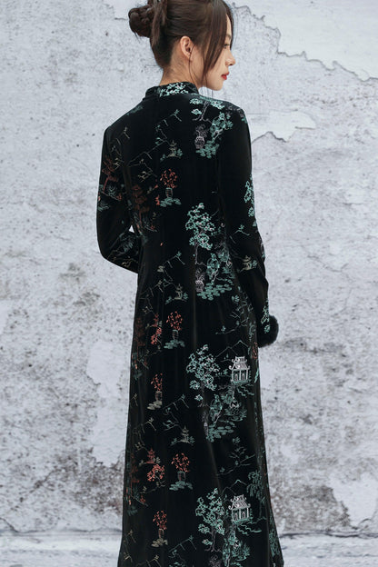 Embroidered Plush Cheongsam Dress