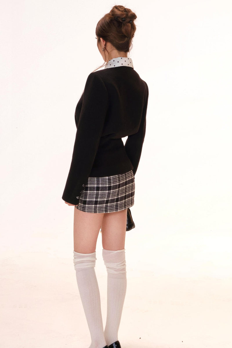 French Jacket + Inner Camisole Top + Plaid Skirt