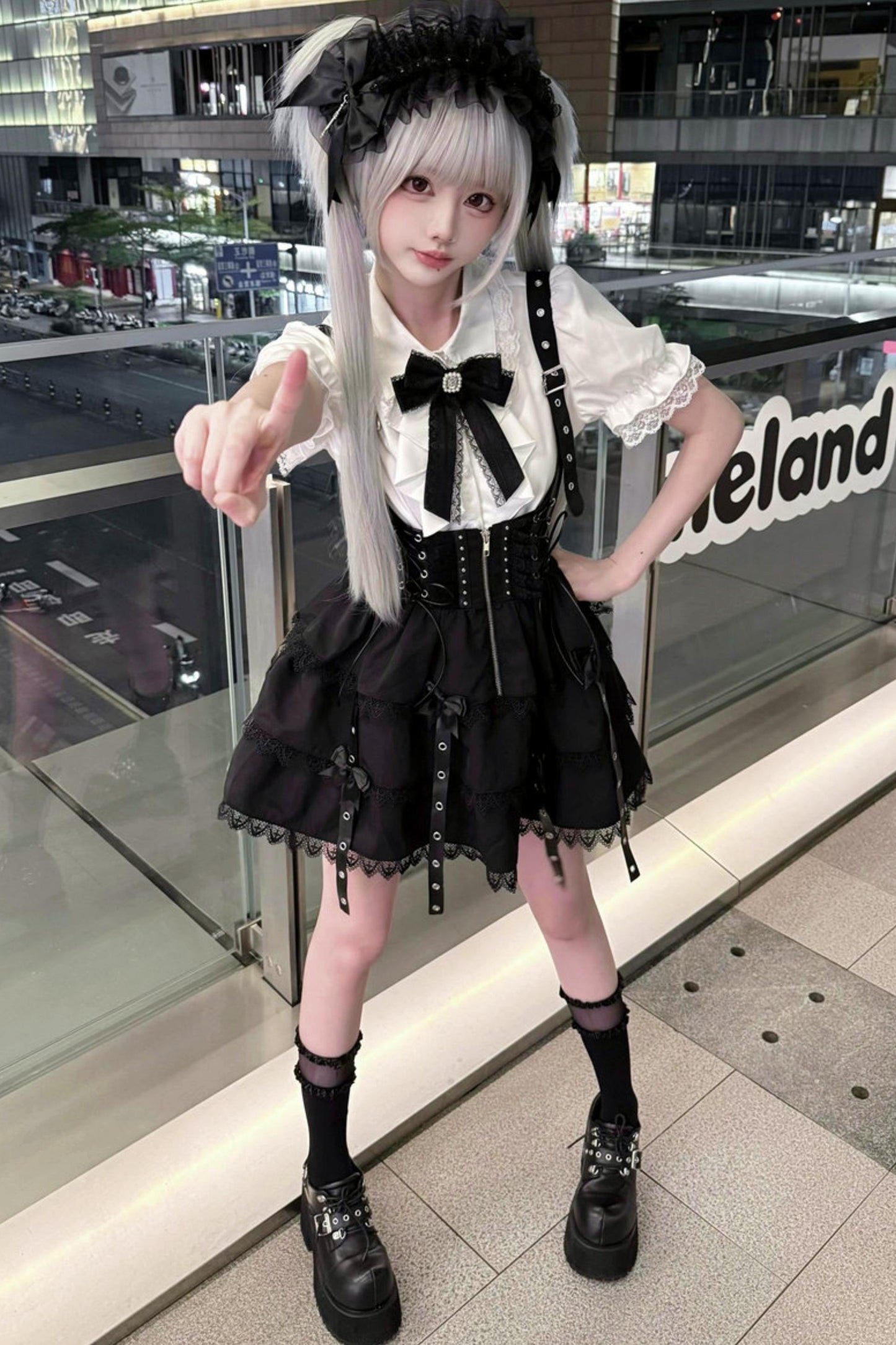 Dark Kawaii Suspender Skirt + Top + Headpiece Set
