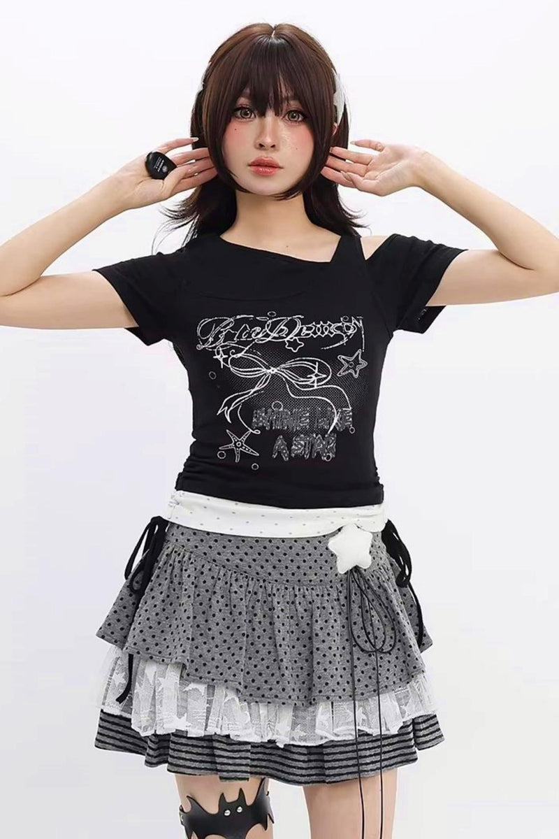 Y2k Butterfly Ribbon Shoulder Cut Top