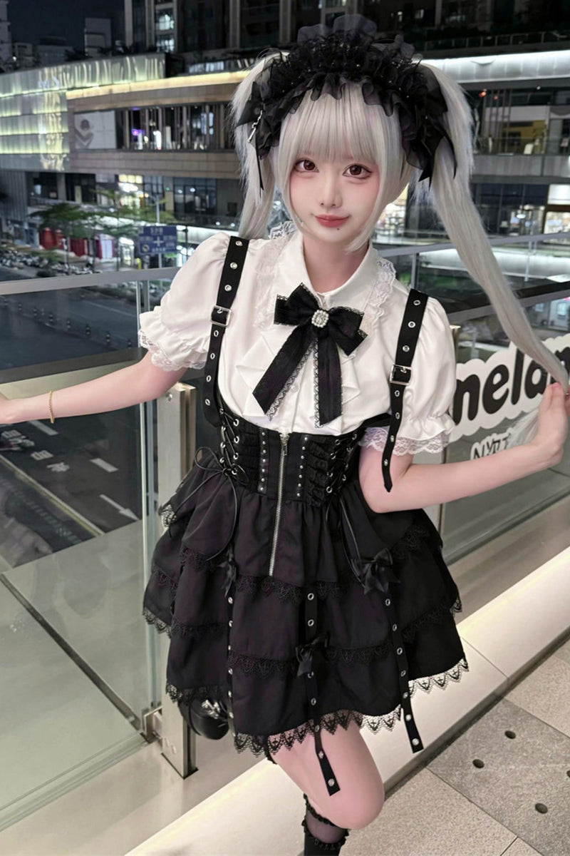 Dark Kawaii Suspender Skirt + Top + Headpiece Set