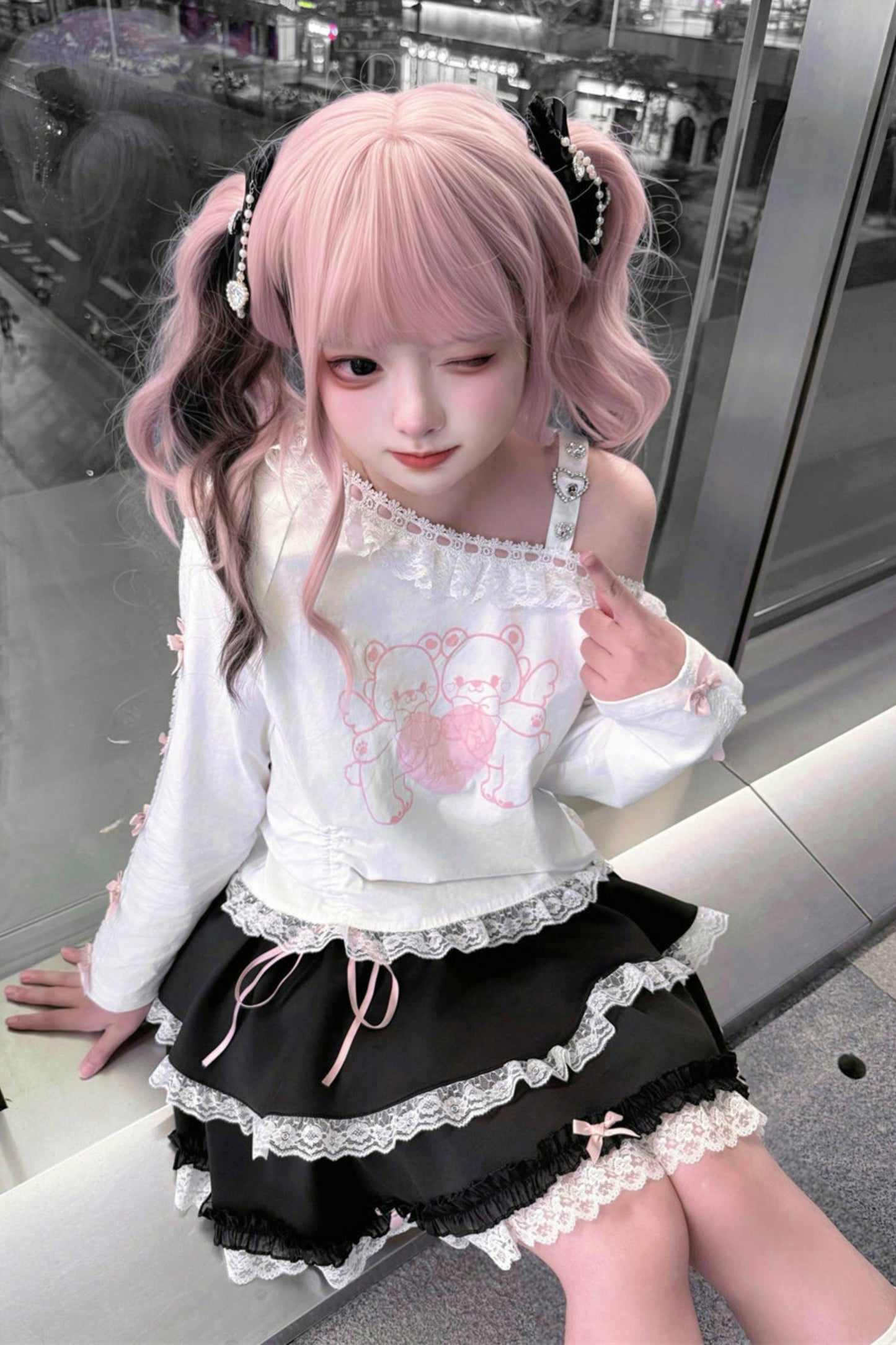 Bear Angel One-shoulder Top + Tiered Skirt