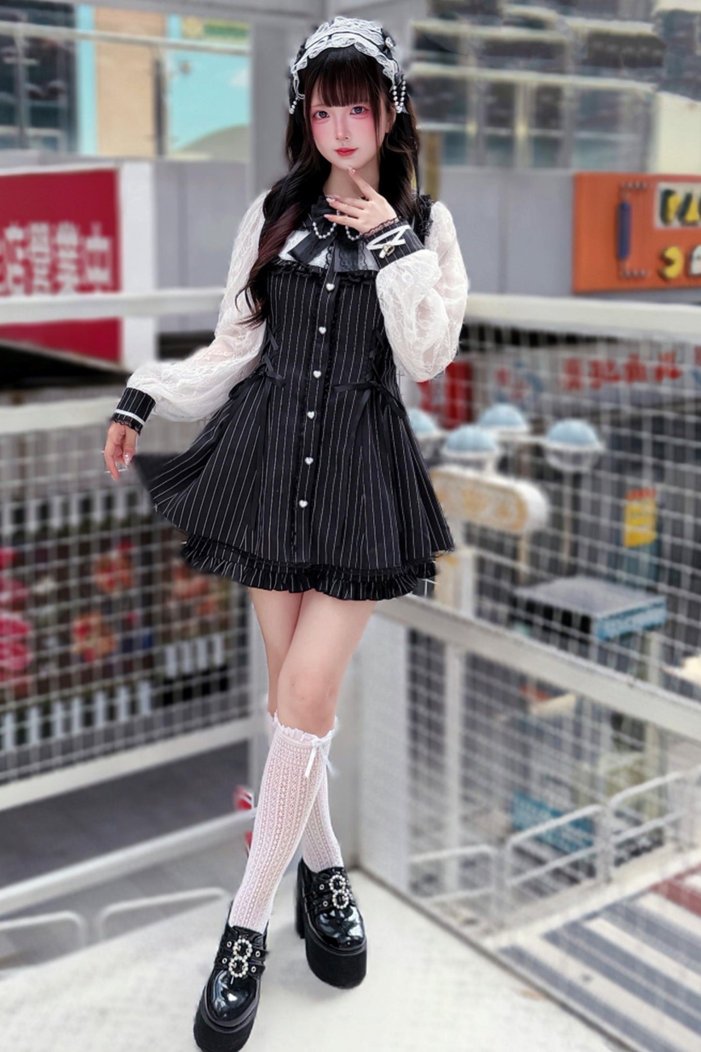 ストライプレース地雷ドレス+ショートパンツ+ヘッドドレス