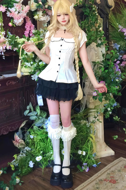 Doll Collar Waist Blouse + Skirt