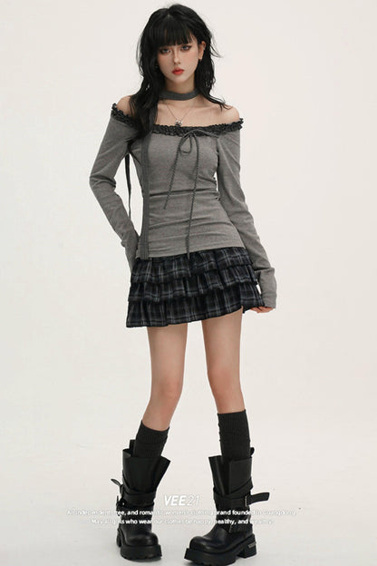 Off-shoulder Ruffle Ribbon Top (with Skinny Long Scarf)