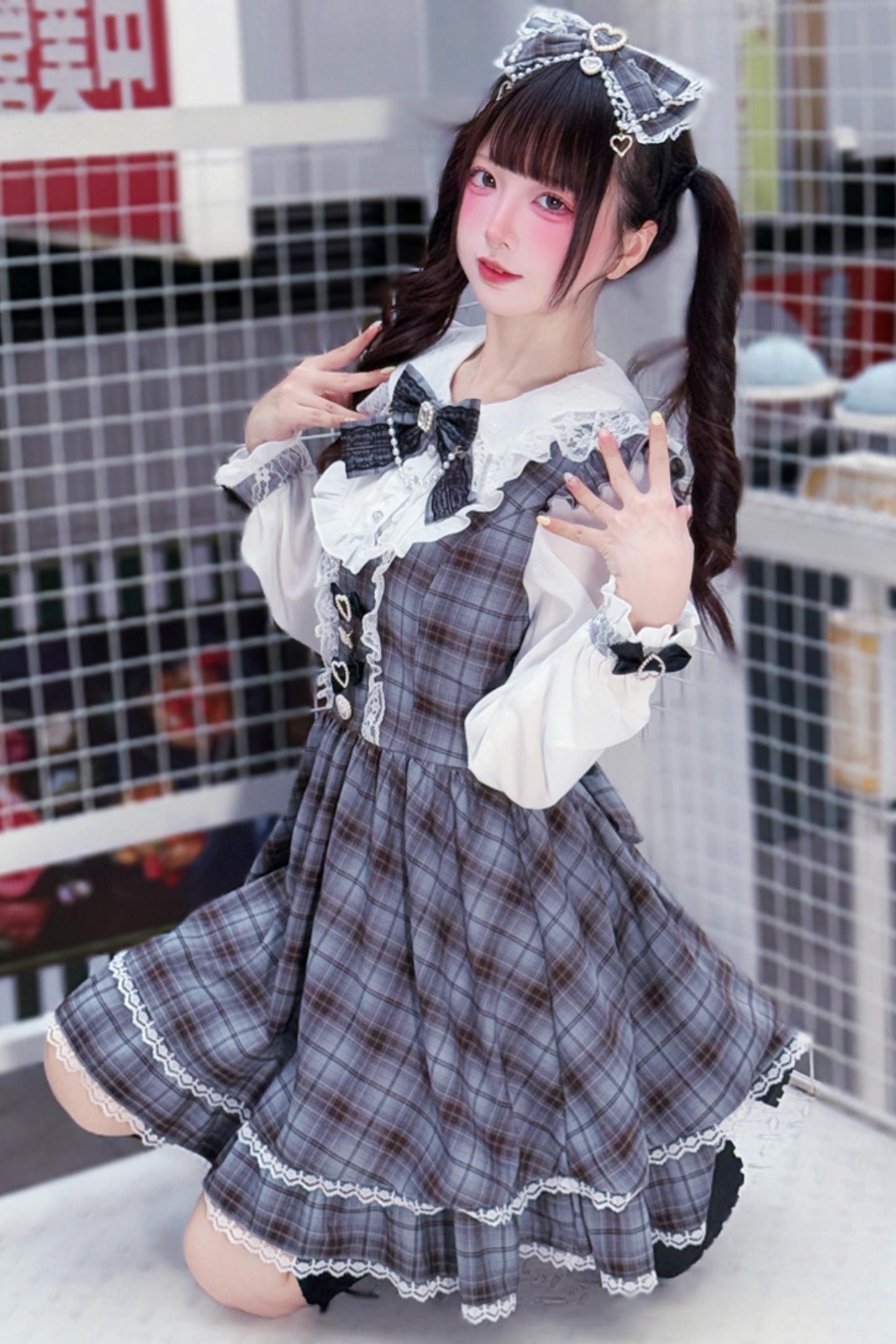 Sweet Girly Gray Plaid Ribbon Dress