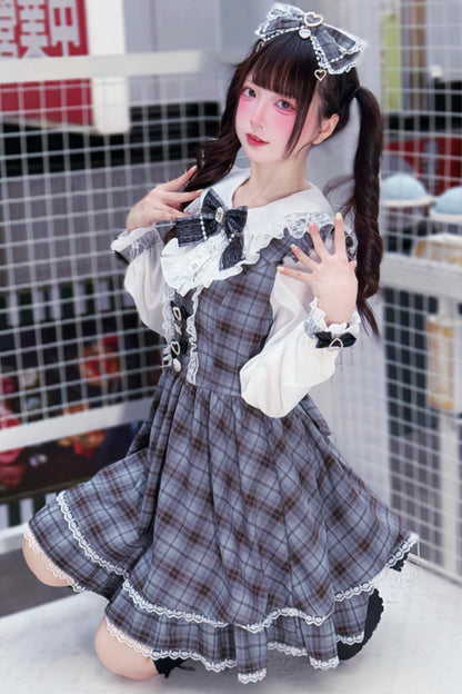 Sweet Girly Gray Plaid Ribbon Dress