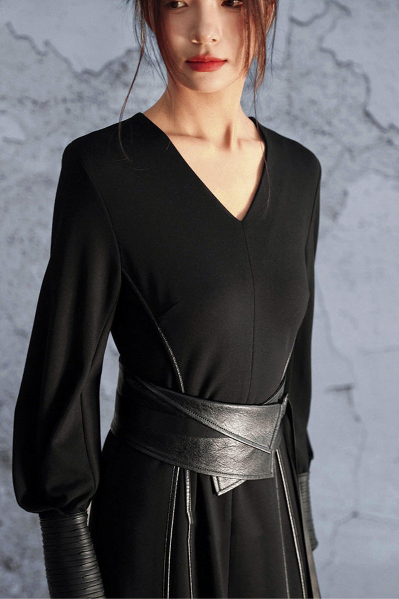 Knitted Leather Patchwork Dress