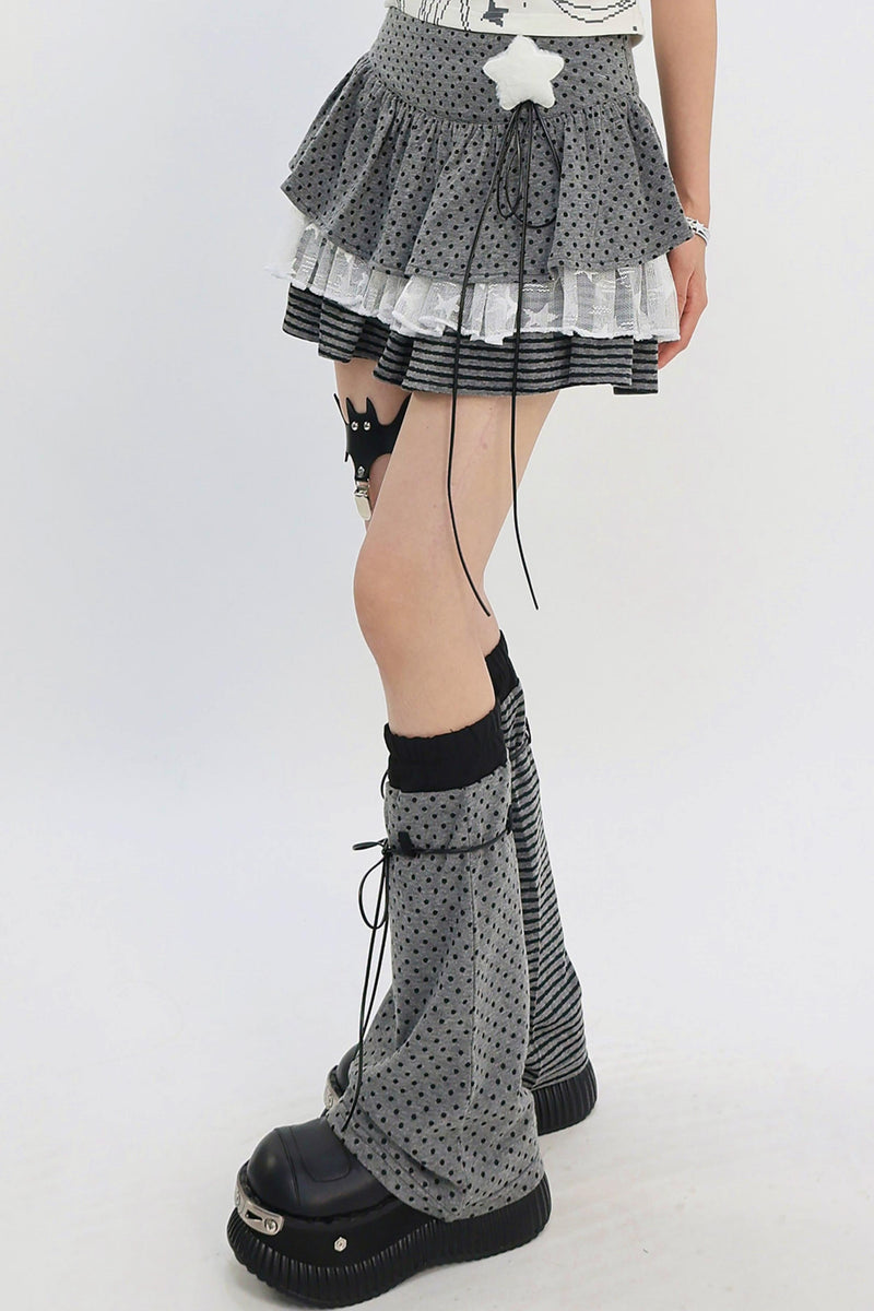 Y2k Mixed Pattern Tiered Skirt + Leg Sleeves