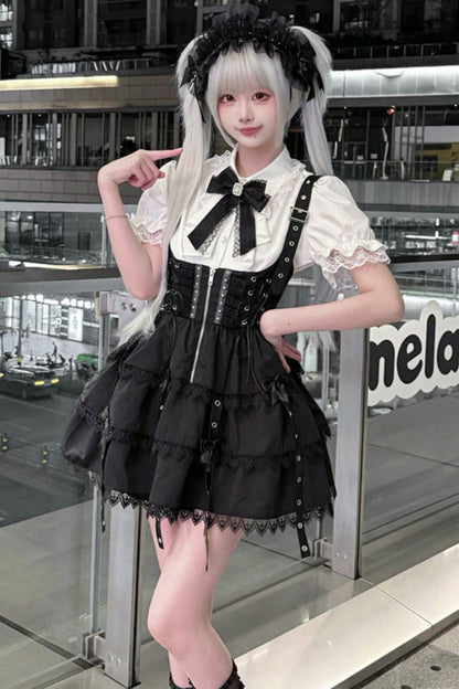 Dark Kawaii Suspender Skirt + Top + Headpiece Set