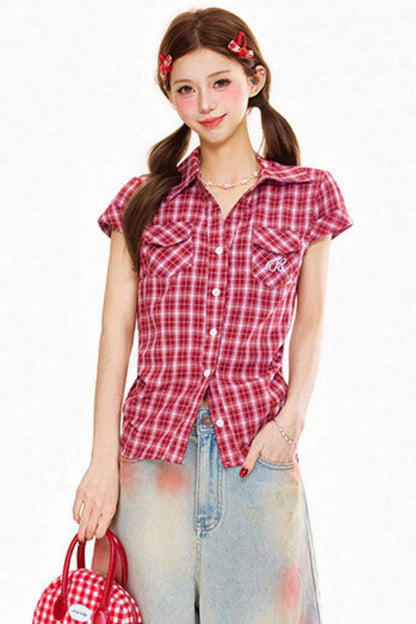 Retro Plaid Slim Fit Blouse