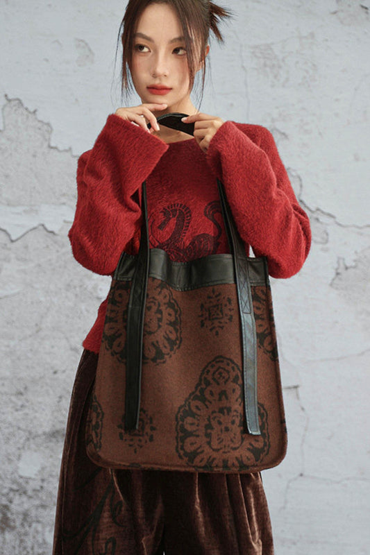 Brown Jacquard Leather Tote Bag