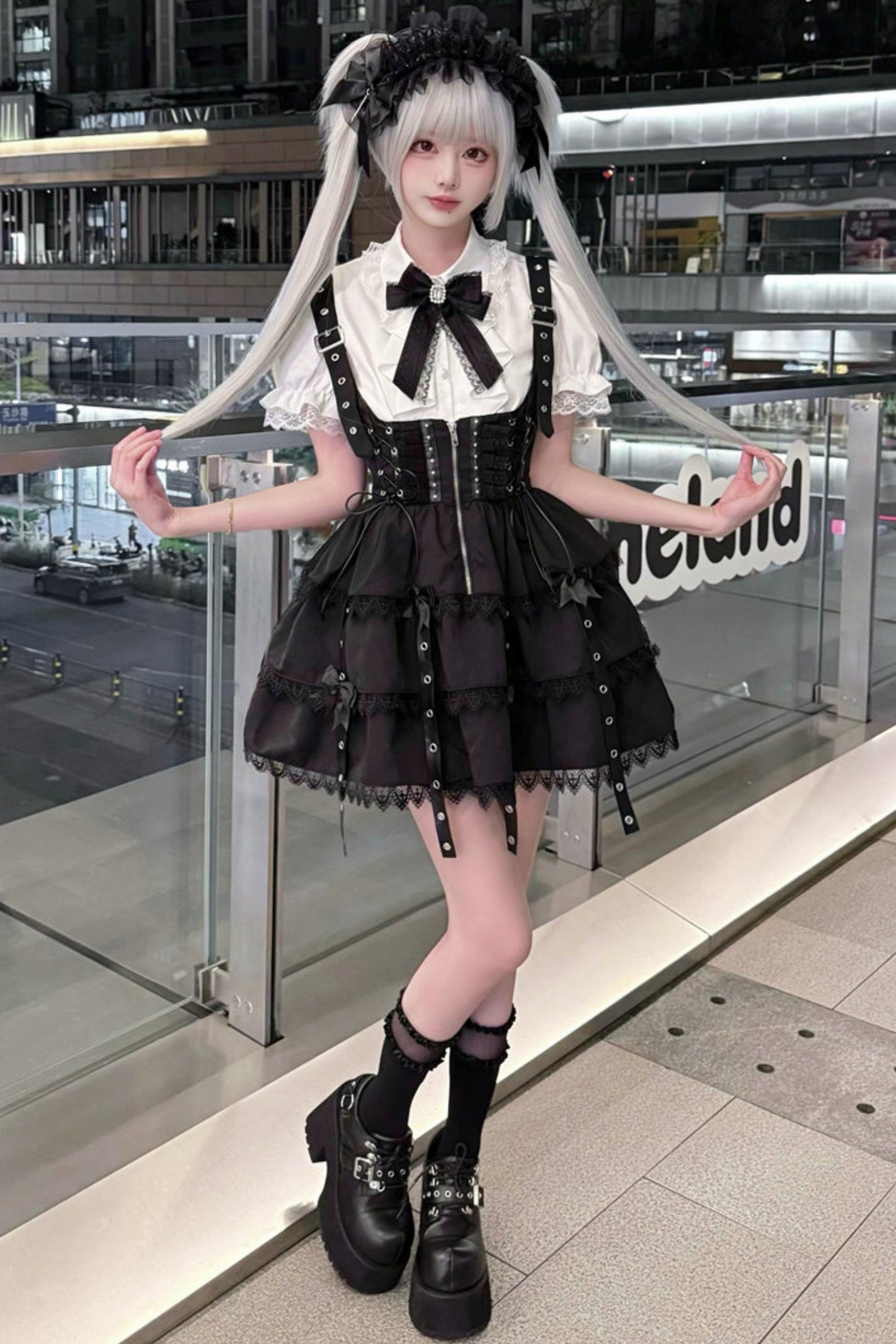 Dark Kawaii Suspender Skirt + Top + Headpiece Set