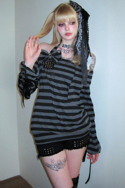 One-shoulder Studded Stripe Top