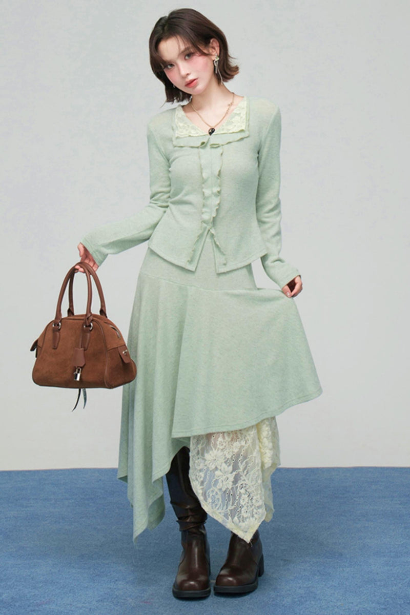 Lace Collar Knit Top + Asymmetrical Skirt