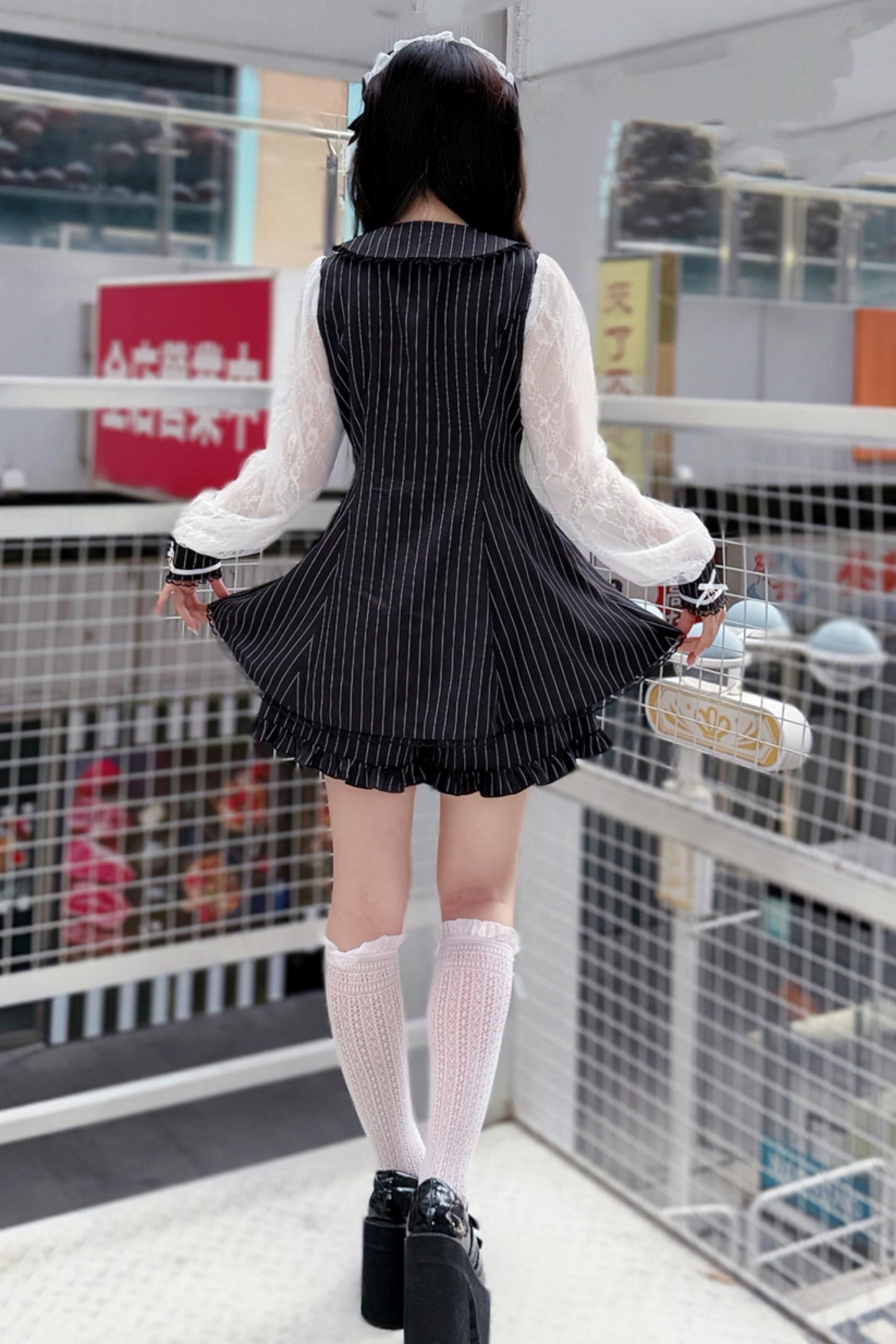 ストライプレース地雷ドレス+ショートパンツ+ヘッドドレス