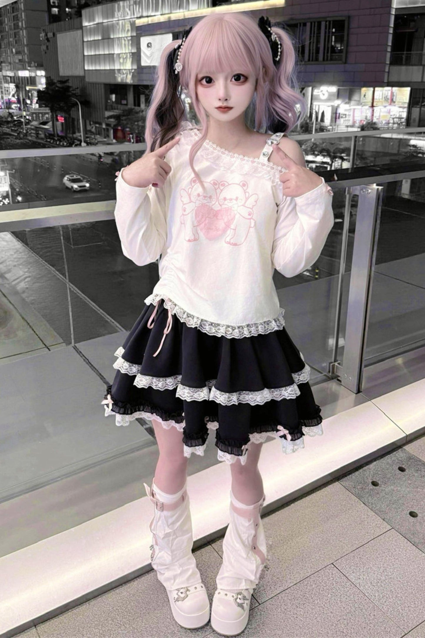 Bear Angel One-shoulder Top + Tiered Skirt