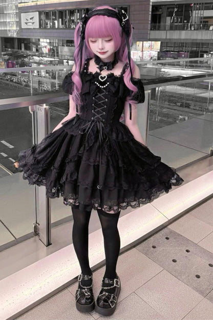 Off-shoulder Dark Kawaii Lace Dress + Neck Ring