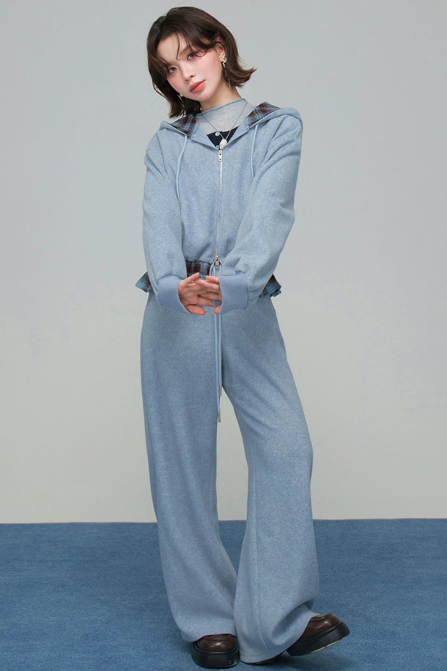 Check Hooded Hoodie + Loose Pants