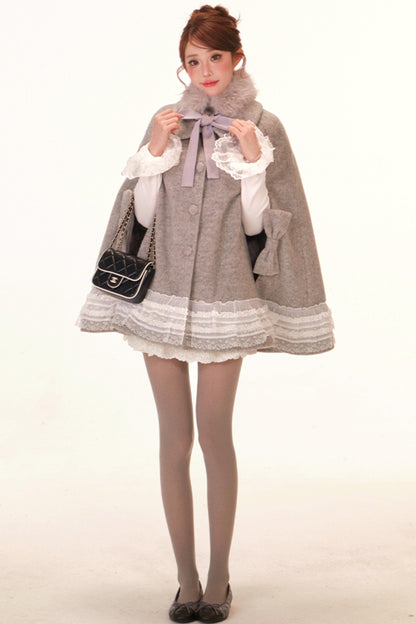 Lace Trim Cape Coat + Tops + Scarf