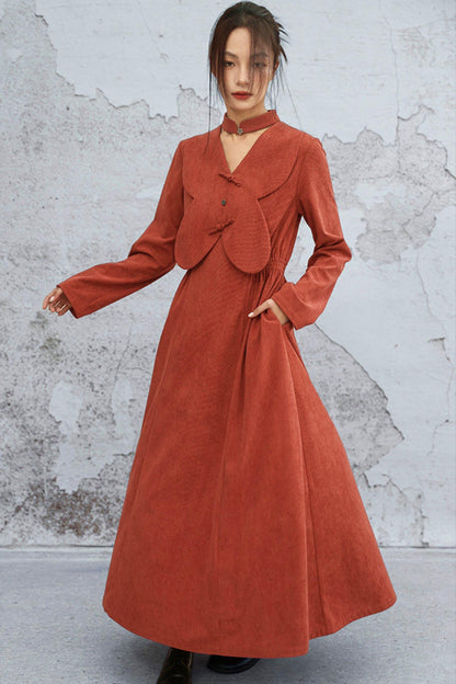 Retro Patchwork Corduroy Long Dress