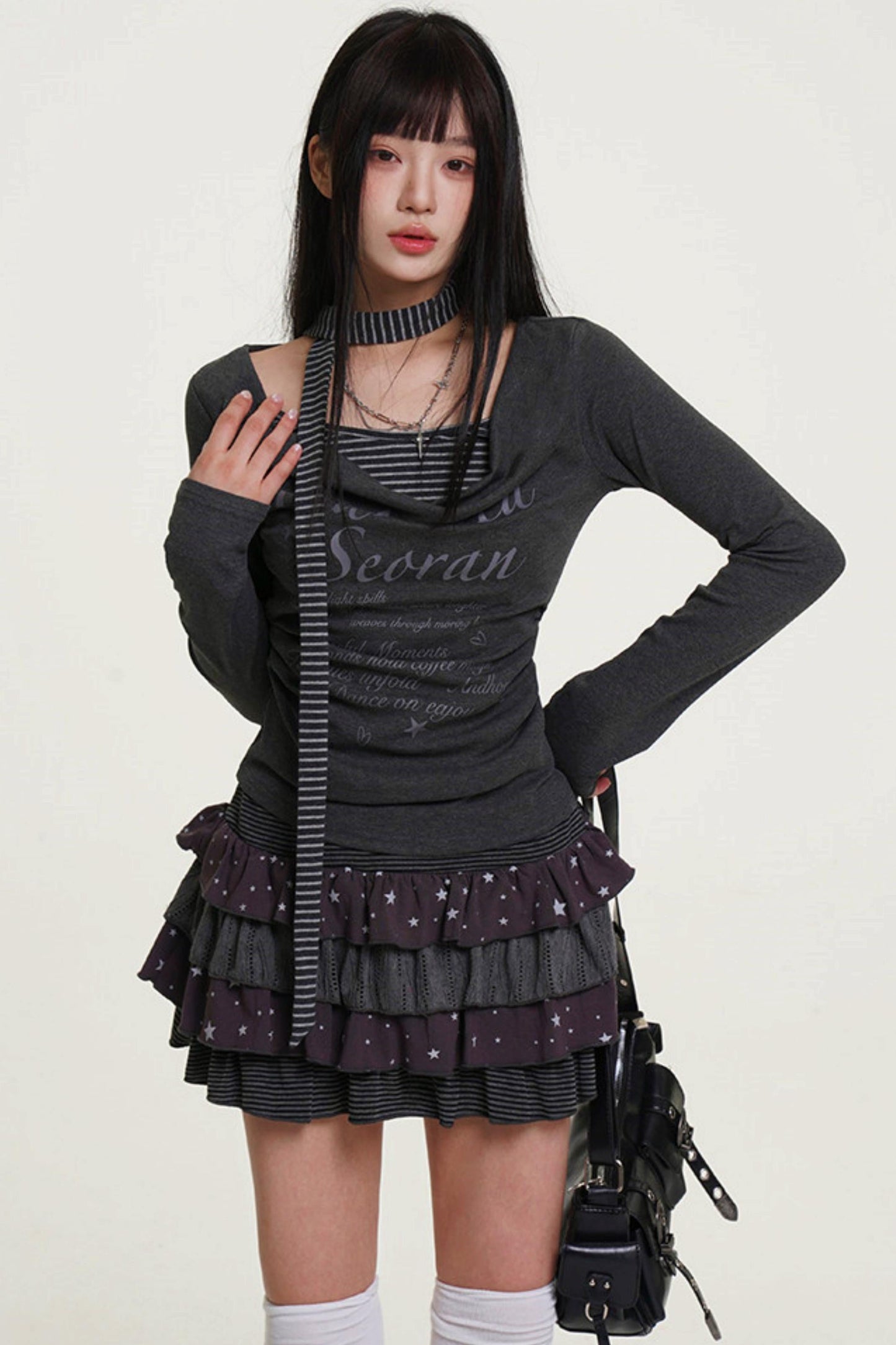 Layered Stripe Cowl Neck Fit Top (with Skinny Long Scarf)