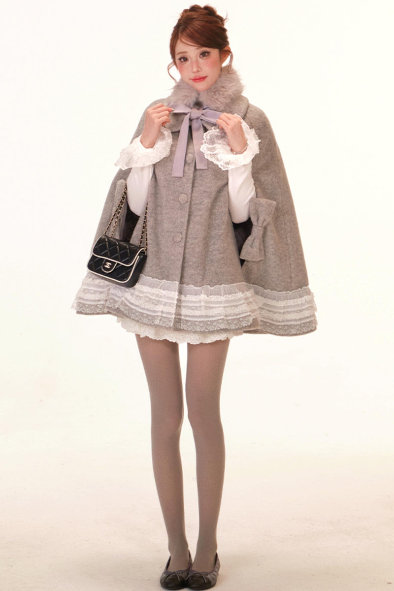 Lace Trim Cape Coat + Tops + Scarf