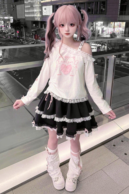 Bear Angel One-shoulder Top + Tiered Skirt