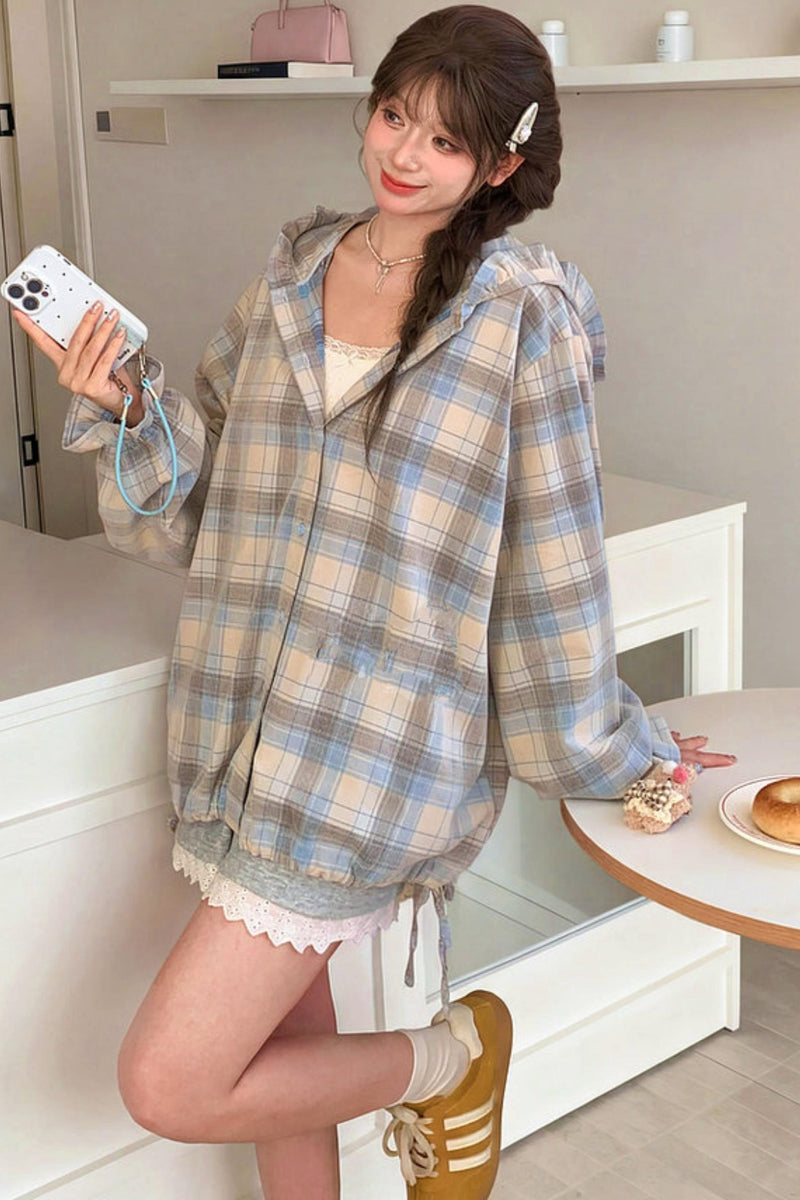 Plaid Cotton Hooded Shirt