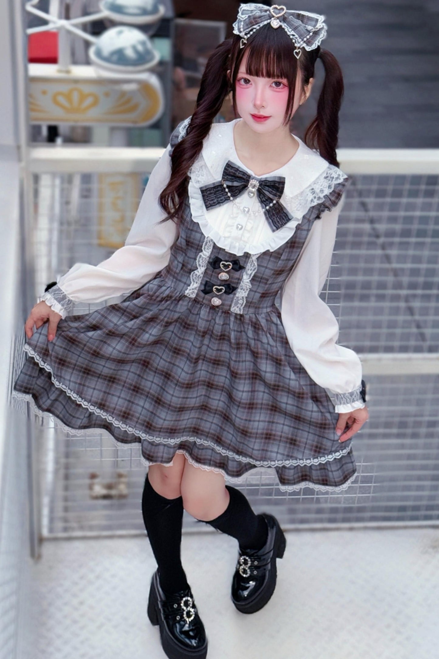Sweet Girly Gray Plaid Ribbon Dress