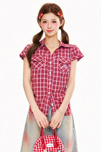 Retro Plaid Slim Fit Blouse