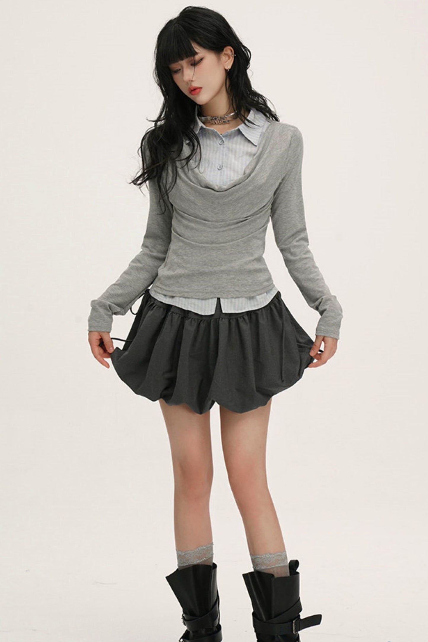 Drape Cowl Neck Layered Shirt