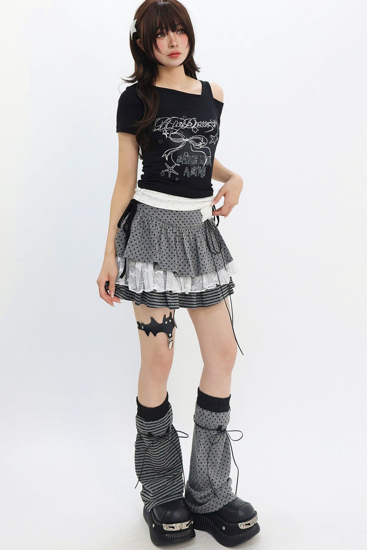 Y2k Mixed Pattern Tiered Skirt + Leg Sleeves