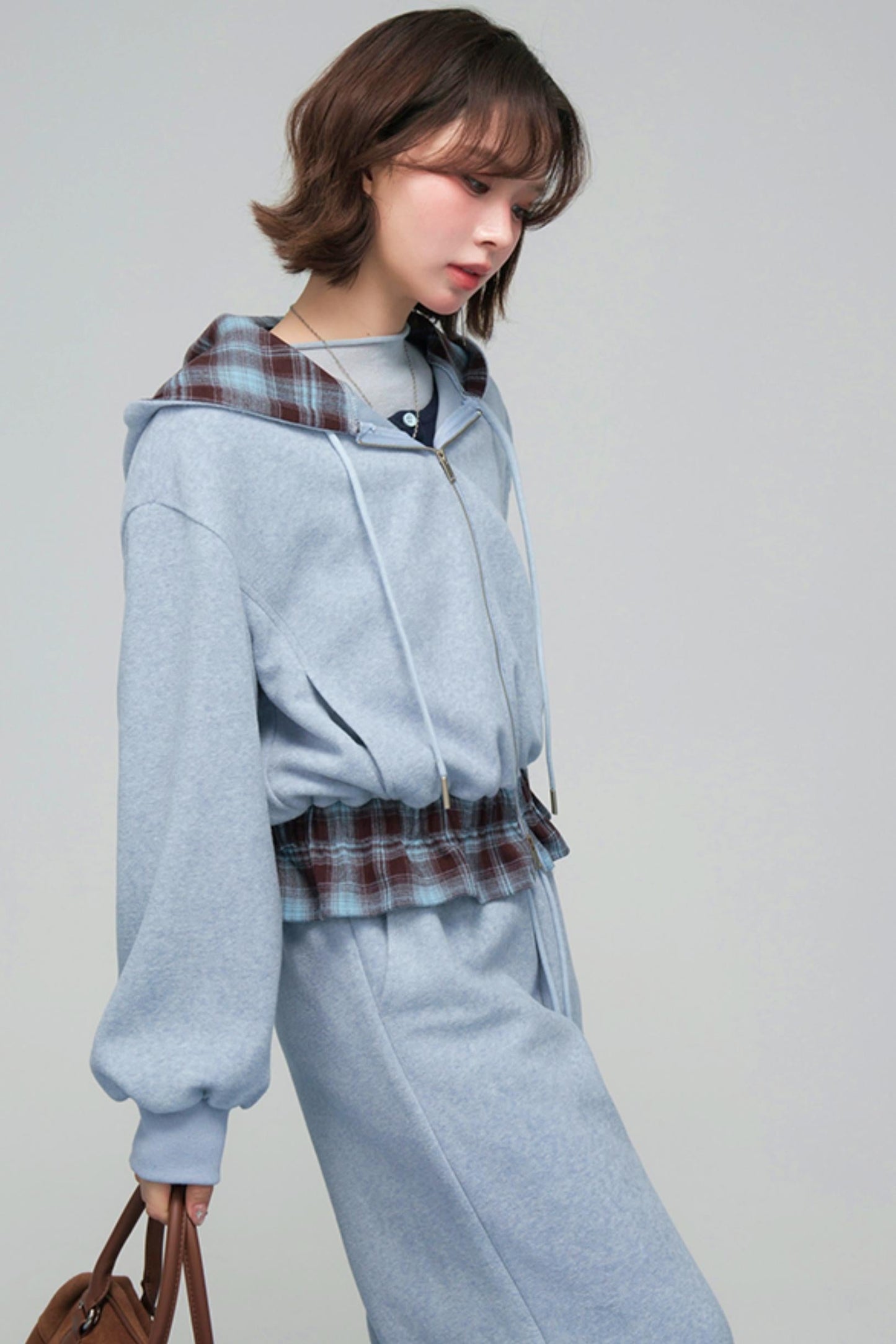 Check Hooded Hoodie + Loose Pants