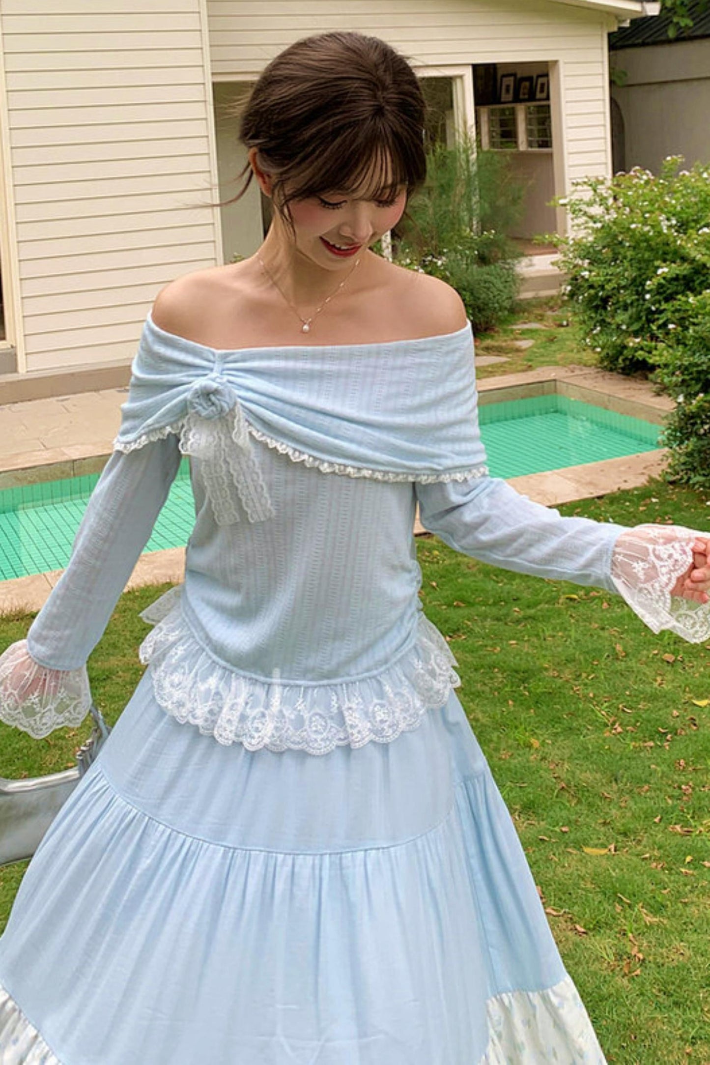Lace Patchwork Off-shoulder Top + Long Skirt