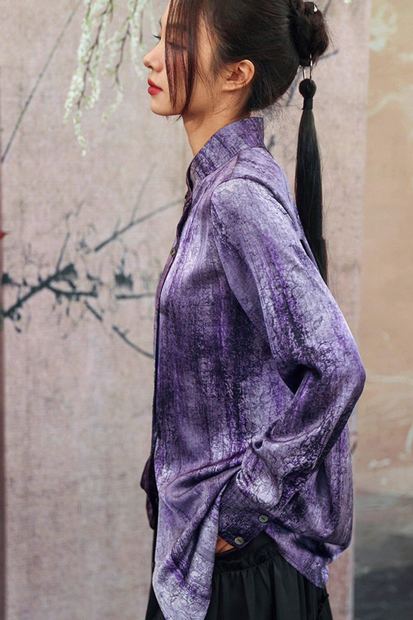 Satin Retro Stand Collar Top