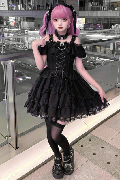 Off-shoulder Dark Kawaii Lace Dress + Neck Ring