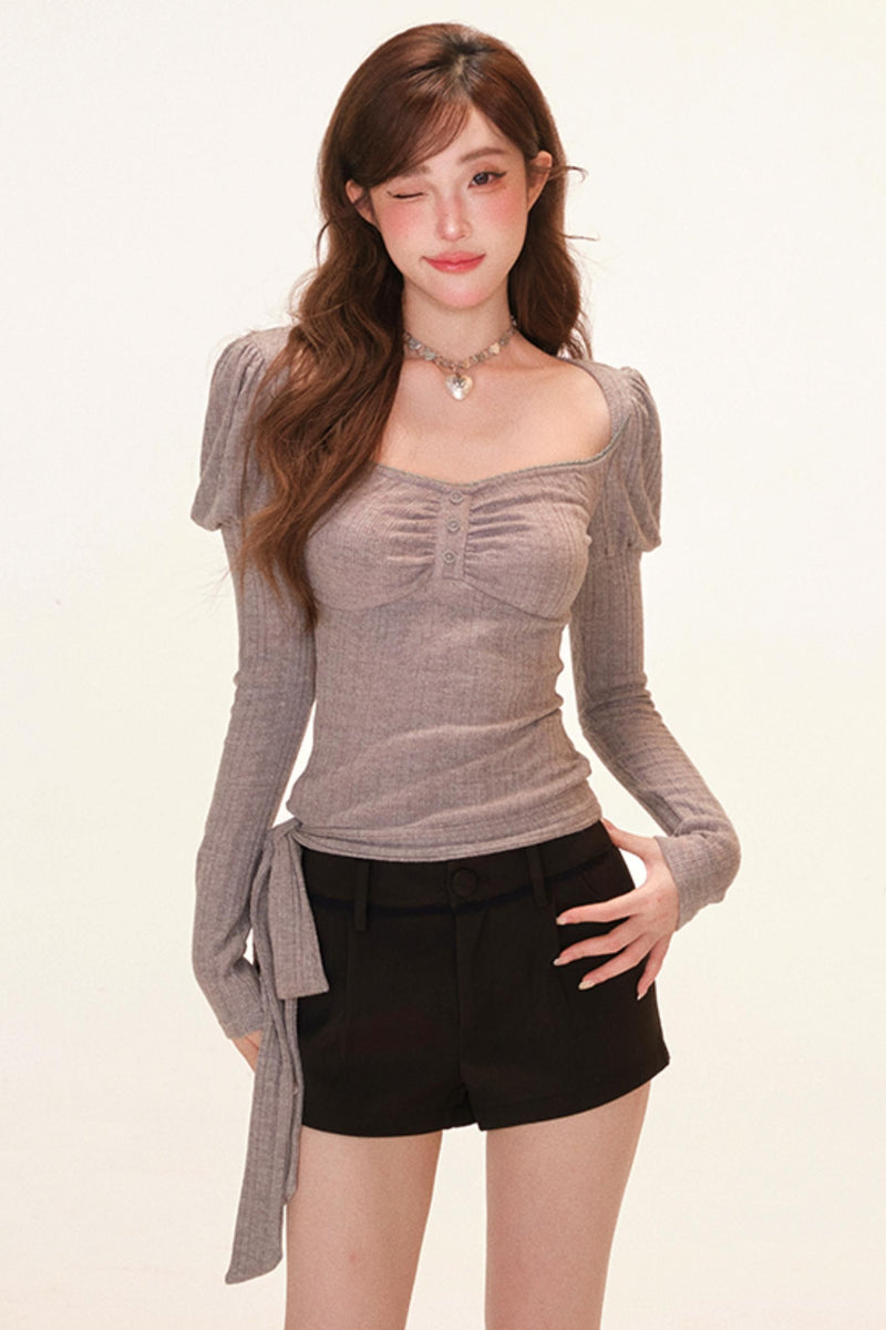 French Open Neck Sweet Puff Sleeve Top