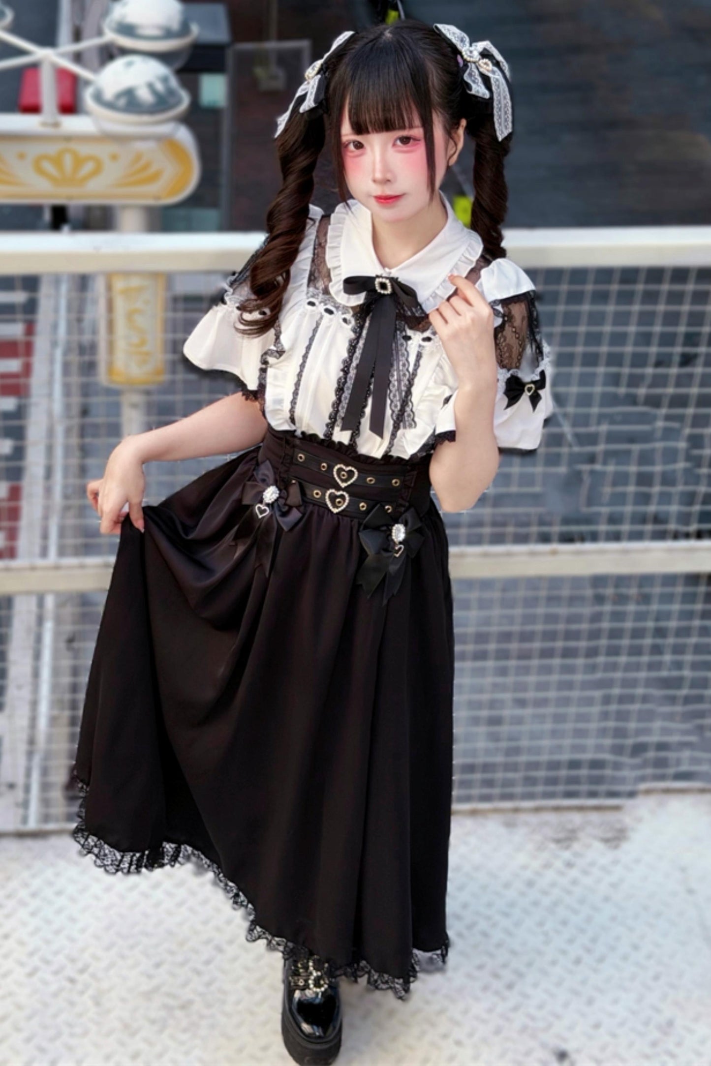 Lace Dark Kawaii Blouse + Heart Ring Long Skirt