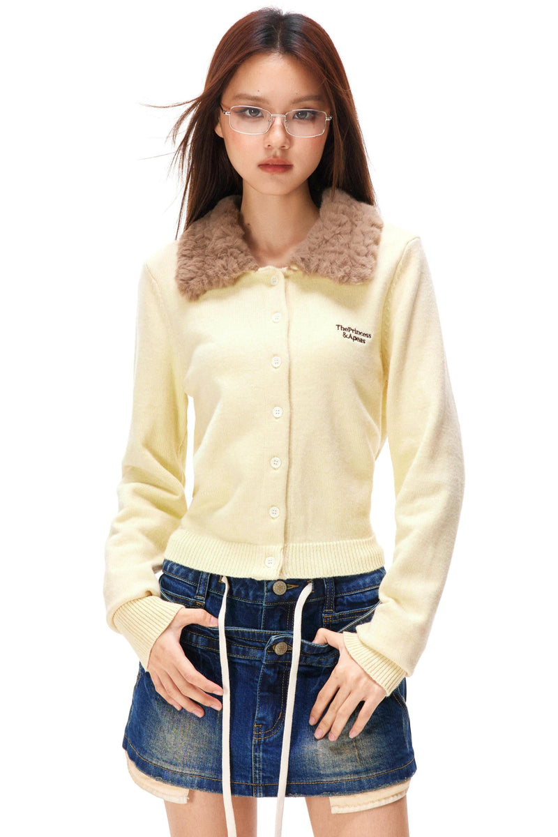 Retro Faux Fur Color Knit Cardigan