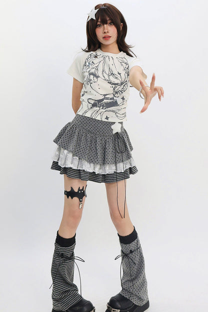 Y2k Mixed Pattern Tiered Skirt + Leg Sleeves