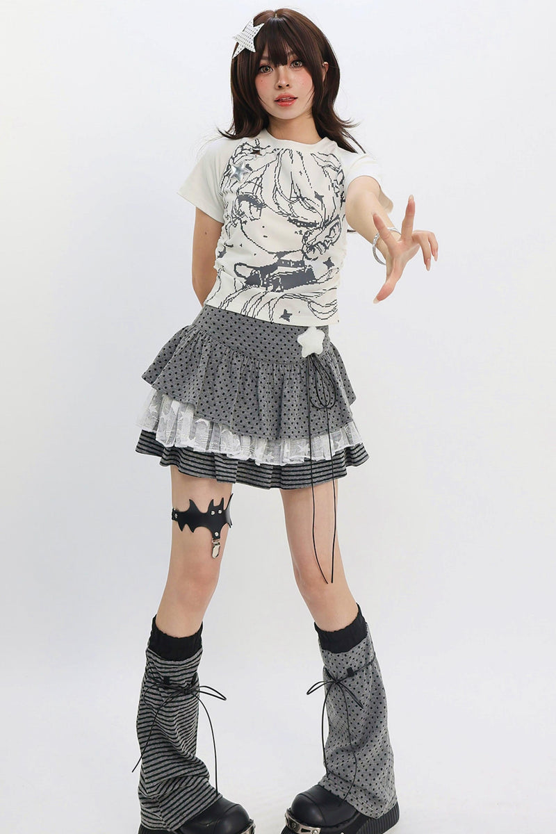 Y2k Mixed Pattern Tiered Skirt + Leg Sleeves