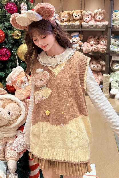 Sweet Bear Embroidered Knitted Vest + Cardigan