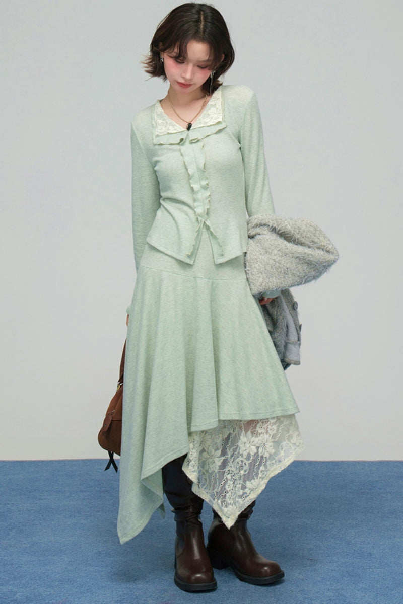 Lace Collar Knit Top + Asymmetrical Skirt