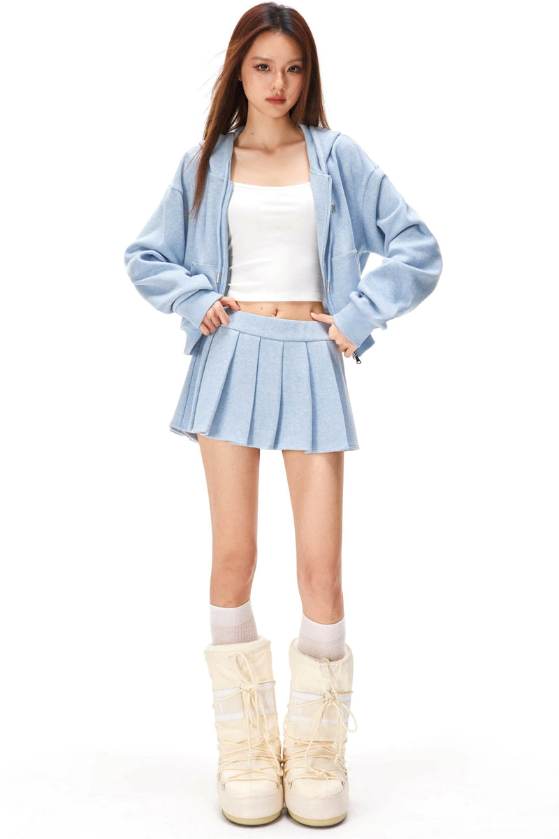 Zip-up Hoodie + Pleated Skirt