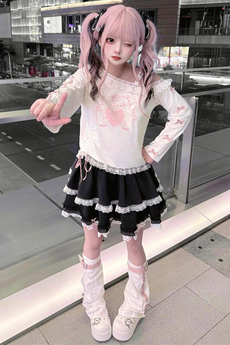 Bear Angel One-shoulder Top + Tiered Skirt