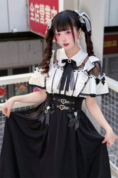 Lace Dark Kawaii Blouse + Heart Ring Long Skirt