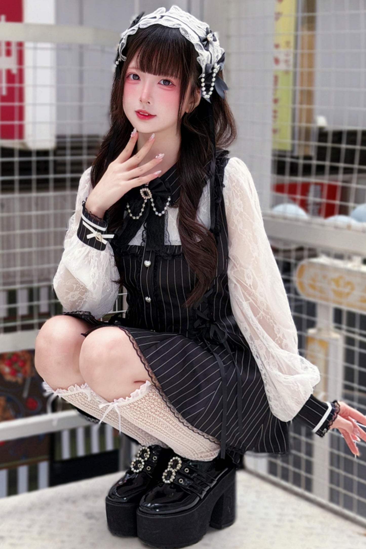 ストライプレース地雷ドレス+ショートパンツ+ヘッドドレス