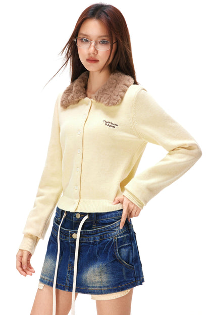 Retro Faux Fur Color Knit Cardigan